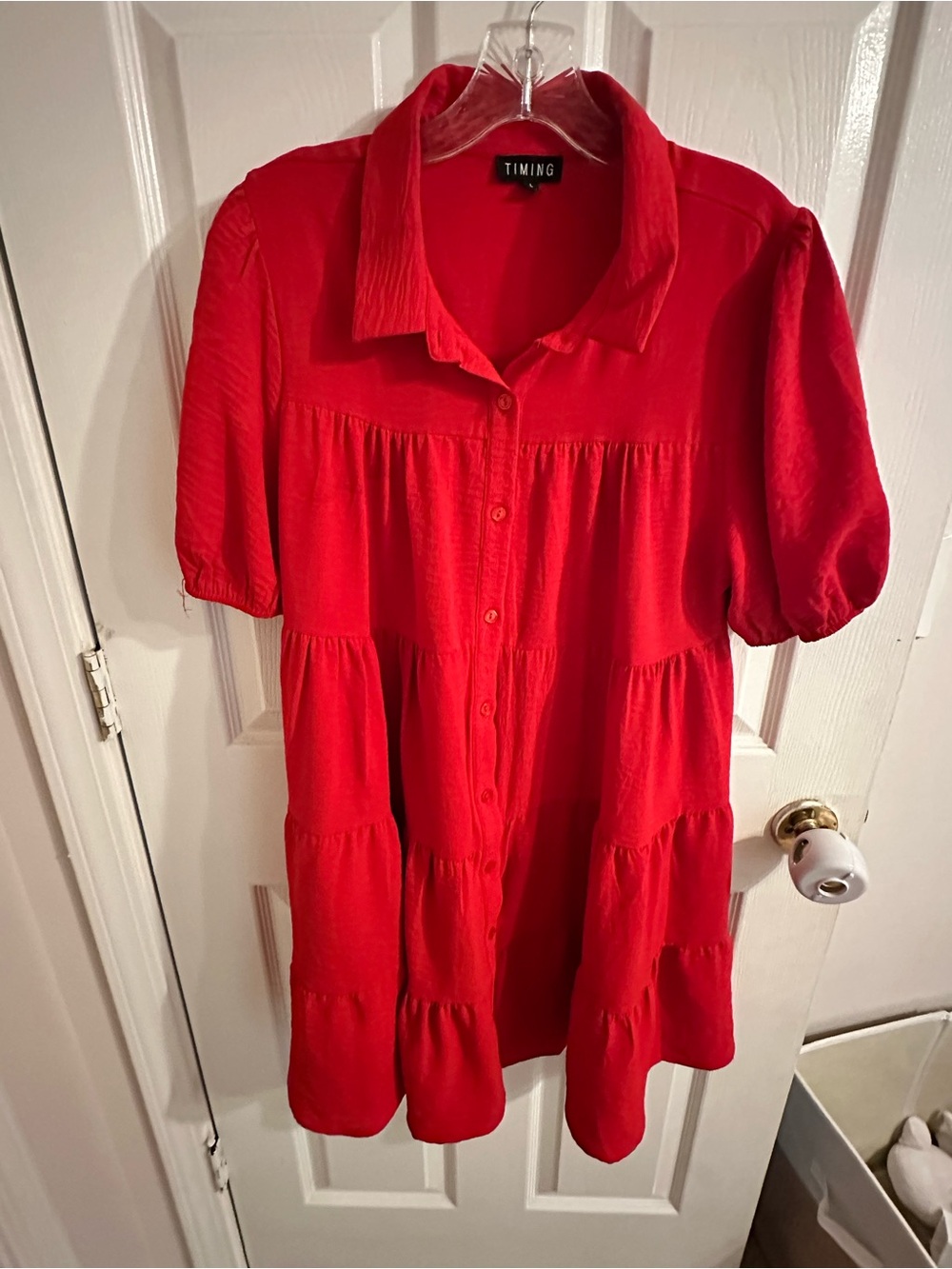 Timing Vibrant Red Tiered Button-Front Dress